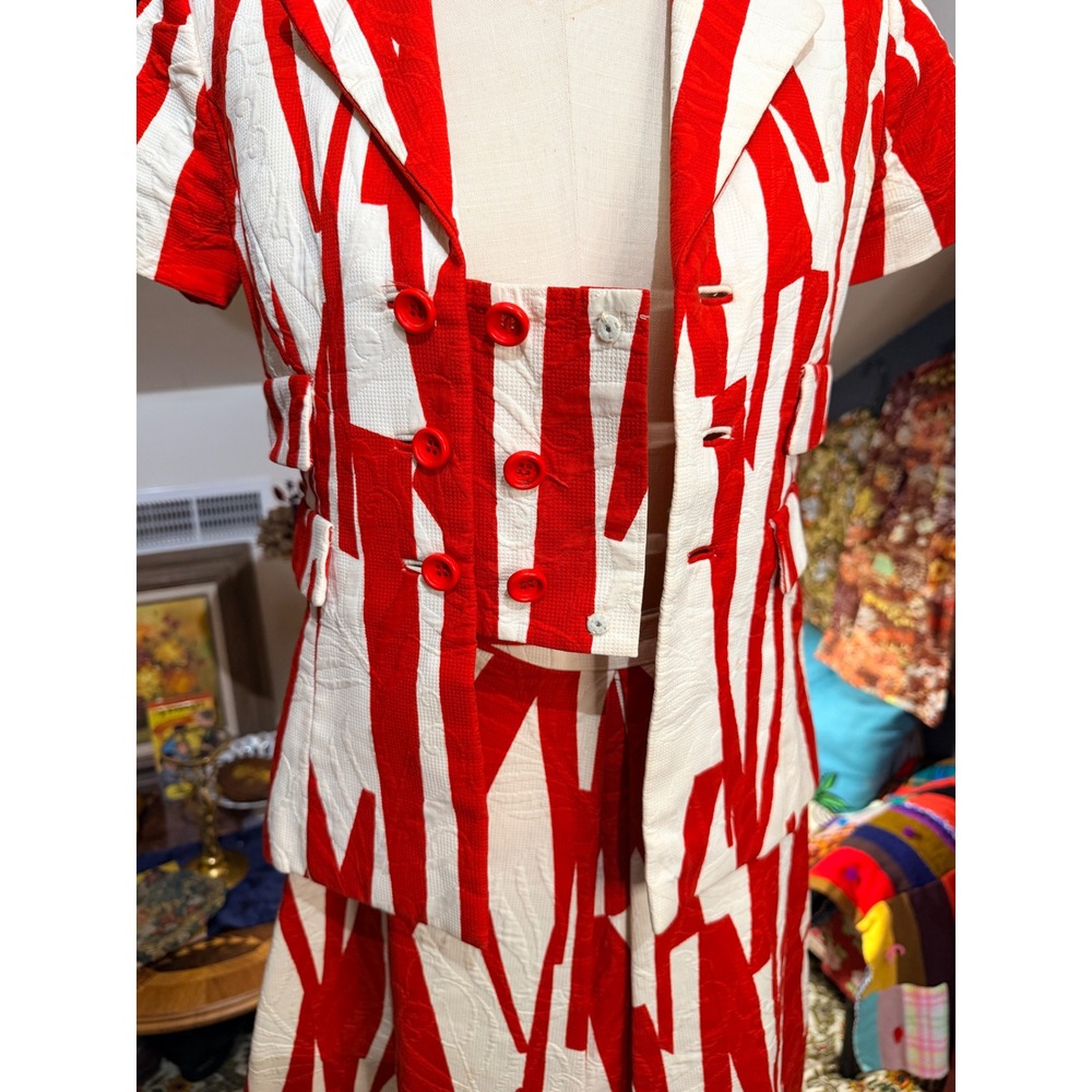 Vintage Red White Geometric Abstract Mod Skirt Suit Set Talon Zipper 60s - Picture 13 of 15